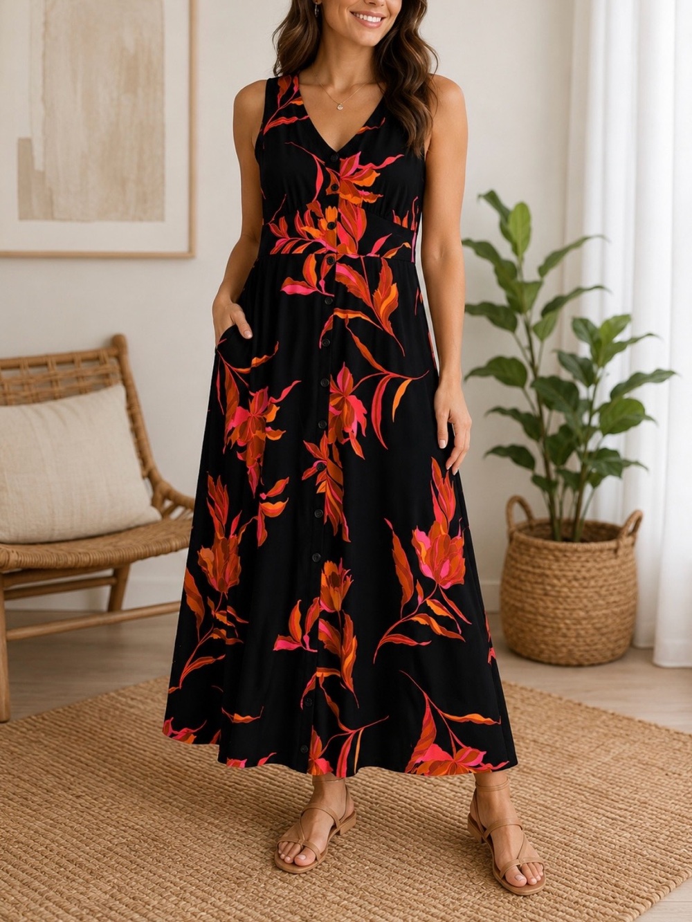 MSK Floral Maxi Dress Medium Black Pink 
V-Neck Button Front Summer Resort Vaca